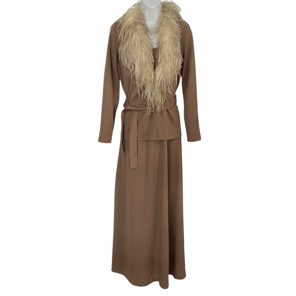 Vintage 70's Caron Of Chicago Sleeveless Maxi Dress With Feather Jacket Size 10